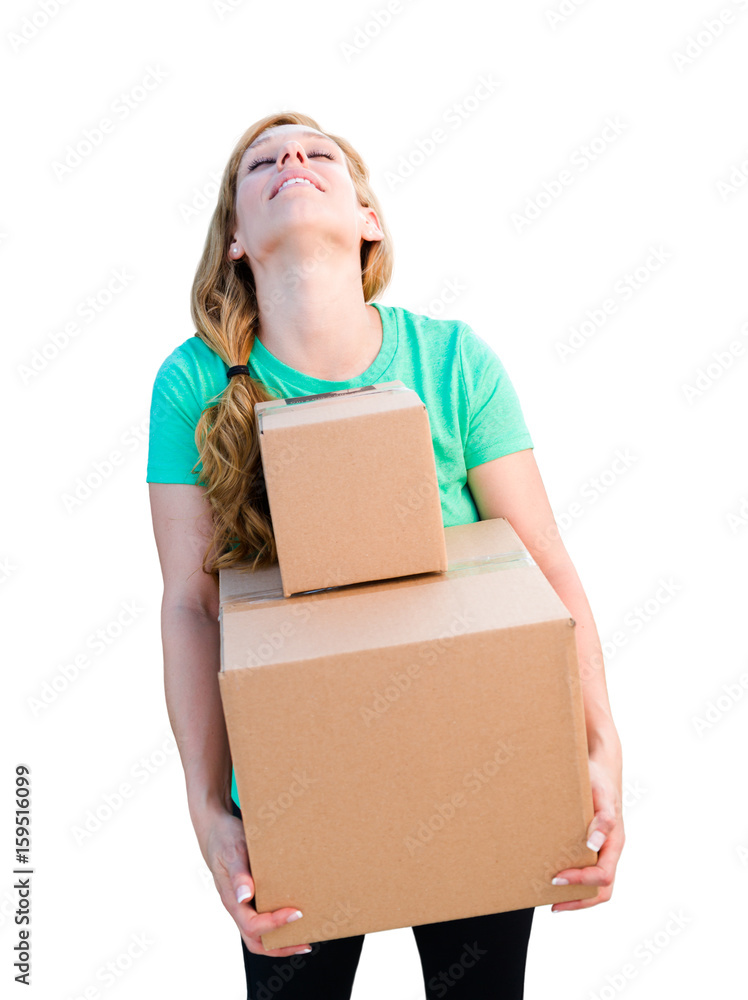 Tired Young Adult Woman Holding Moving Boxes Isolated On A White Background. Tired Young Adult Woman Holding Moving Boxes Isolated On A White Background.