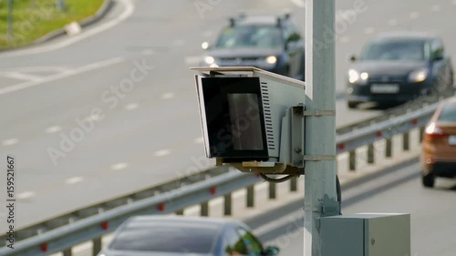 Radar speed control camera on the road. Close up