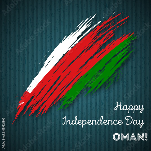 Oman Independence Day Patriotic Design. Expressive Brush Stroke in National Flag Colors on dark striped background. Happy Independence Day Oman Vector Greeting Card.