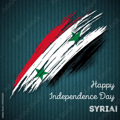 Syria Independence Day Patriotic Design. Expressive Brush Stroke in National Flag Colors on dark striped background. Happy Independence Day Syria Vector Greeting Card.