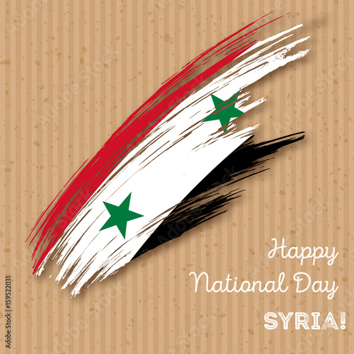 Syria Independence Day Patriotic Design. Expressive Brush Stroke in National Flag Colors on kraft paper background. Happy Independence Day Syria Vector Greeting Card.
