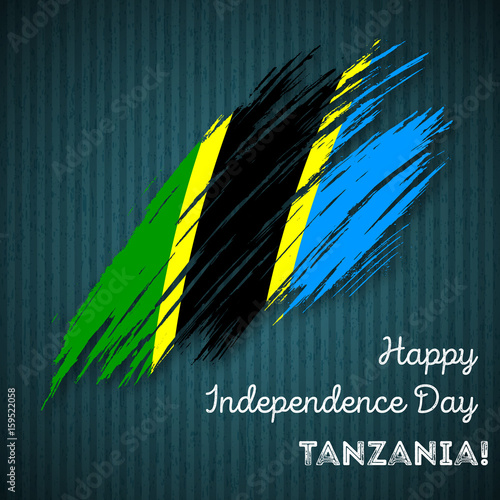 Tanzania Independence Day Patriotic Design. Expressive Brush Stroke in National Flag Colors on dark striped background. Happy Independence Day Tanzania Vector Greeting Card.