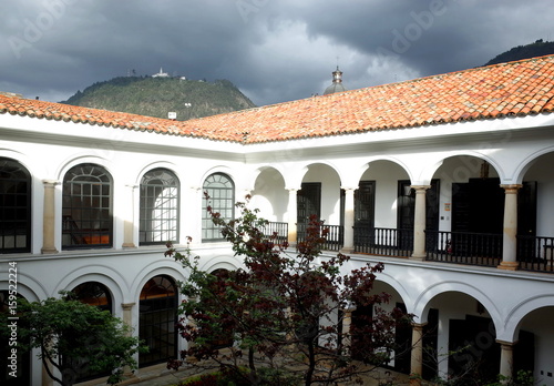 The courtyard of the Banco de la Republica Art museum with Monserrate in the background, Bogota, Colombia