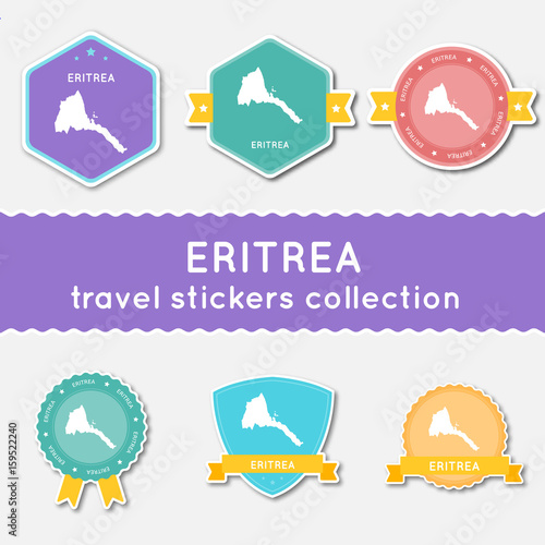 Eritrea travel stickers collection. Big set of stickers with Eritrea map and name. Flat material style badges vector illustration.