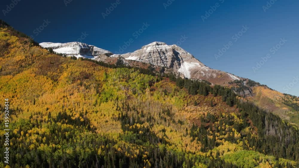 Wide panning shot of autumn trees near mountain. Wasatch Mountains, Utah, United States Wide panning shot of autumn trees near mountain. Wasatch Mountains, Utah, United States