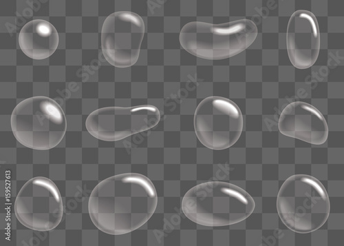 Soap bubble and water drops set. Different shapes transparent bubbles with glares, highlights and gradient. Vector illustration.