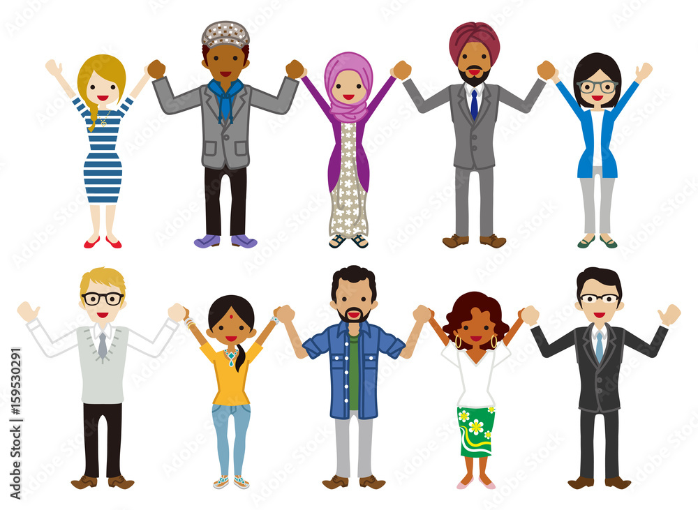 Multi Ethnic young adults Group people set - Holding hands