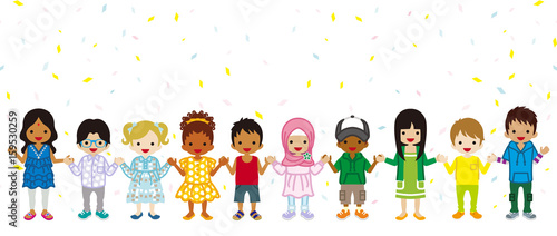 Canvas Print Holding hands Multi Ethnic children in confetti background, stand in a line