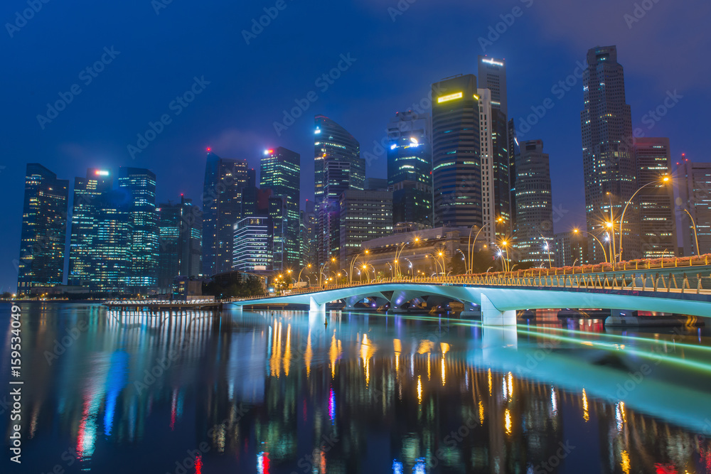 Singapore landmark city skyline at the Marina bay during twilight