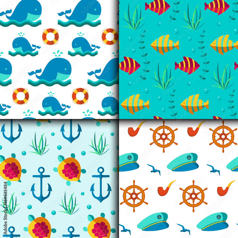 Obraz premium Seamless vector patterns with nautical elements wave marine collection paper sea background