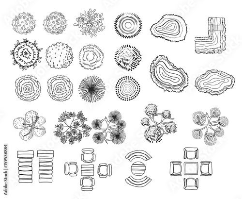 set of tree top symbols, for architectural or landscape design, for map, line art design.vector
