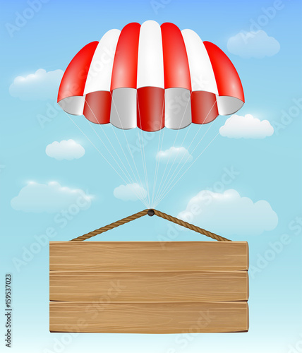 wood board sign with parachute on sky background