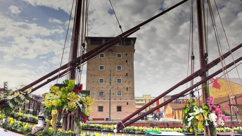 cinematic shot of moored boat in harbor
