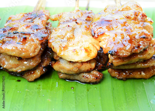 Close up of Mooping Thai local food grilled pork backgrounds photo