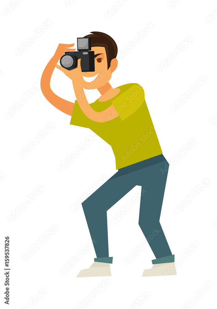 Man photographer takes photo with reflex camera isolated illustration Man photographer takes photo with reflex camera isolated illustration