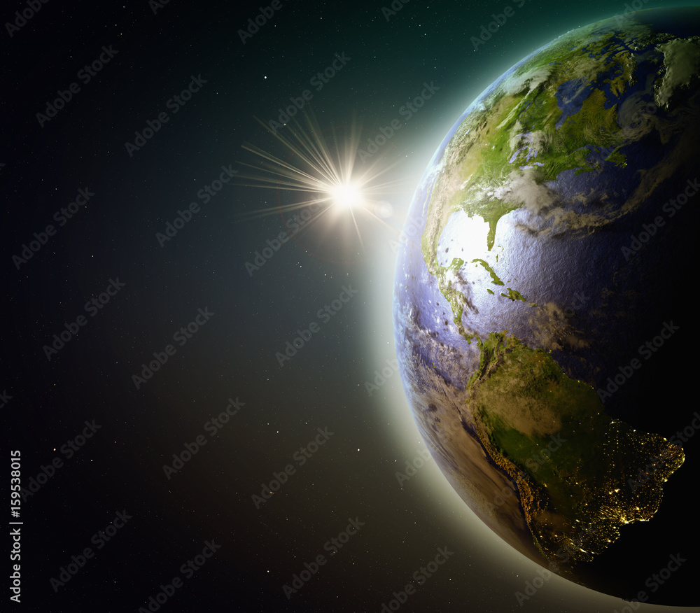 Fototapeta premium Sunset above Americas in space