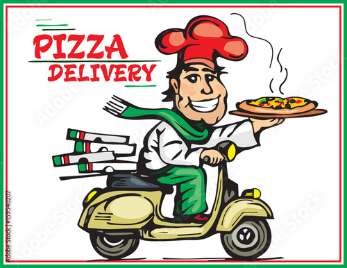 Pizza delivery. A smile motorcycle boy delivers hot pizzas.