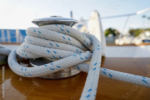 Nautical blue and white marine rope on yacht