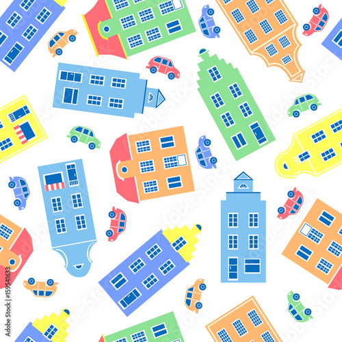 Colorful facade of burgher houses, car vector illustration isolated on white background, Representative of european architectural style, Design mansion, Cartoon building, Decorative Seamless pattern