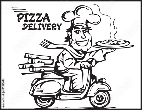 Pizza delivery. A smile motorcycle boy delivers hot pizzas.