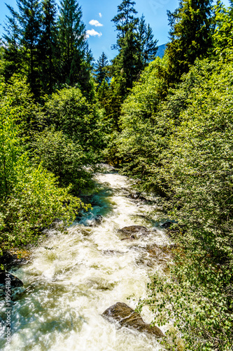 The fast flowing waters of Joffre Creek just before it flows into Lillooet Lake along the Duffey Lake Road, Highway 99, between Pemberton and Lillooet in southern British Columbia