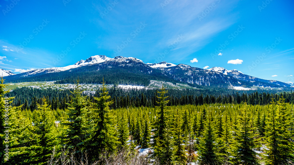 Snow capped mountain peaks of the Coast Mountain Range along the Duffey Lake Road, Highway 99, between Pemberton and Lillooet in southern British Columbia