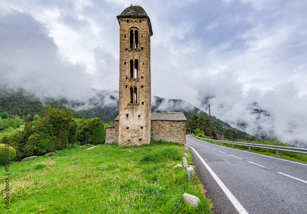 Naklejka premium Sant Miquel Engolasters in Andorra at cloudy day