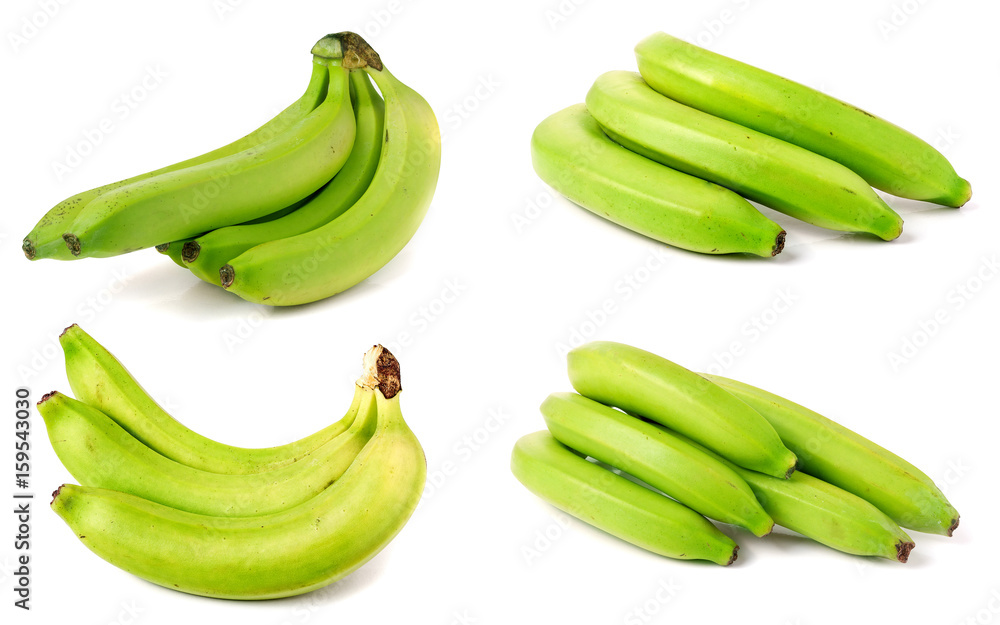 bunch of green bananas isolated on white background. Set or collection