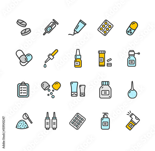 Pills Related Medical Color Thin Line Icon Set. Vector