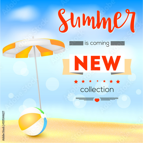 Selling ad banner, vintage text design. Summer, new collection is coming. The sandy beach background with sun umbrella and bouncy ball. Template for online shopping, advertising actions.