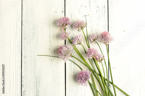 Fototapeta Naklejka Na Ścianę i Meble -  Schnittlauch frisch Blüte Blüten Tisch Holz Bund 