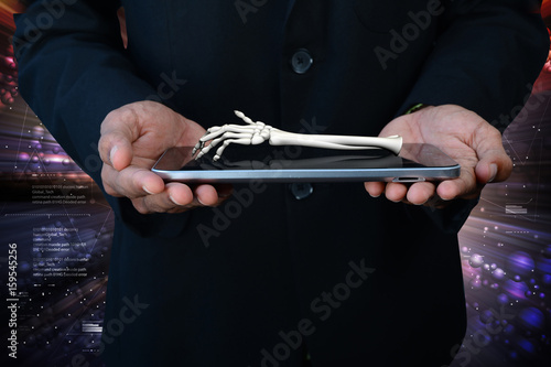 3d man showing tablet and hand born