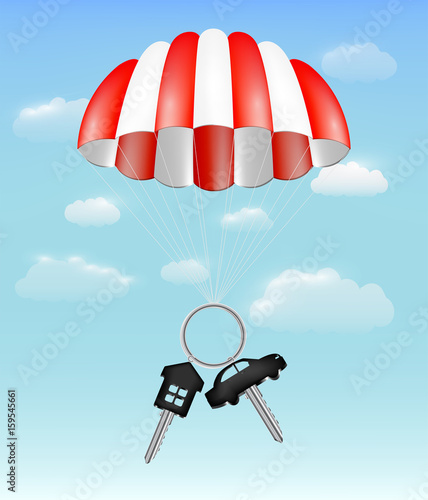 house and car key with parachute on sky background