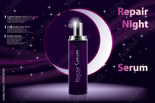 cosmetic moisturizing product. Shiny violet night serum bottle on a dark purple background with glowing elements and soft bokeh. Vector 3D illustration.