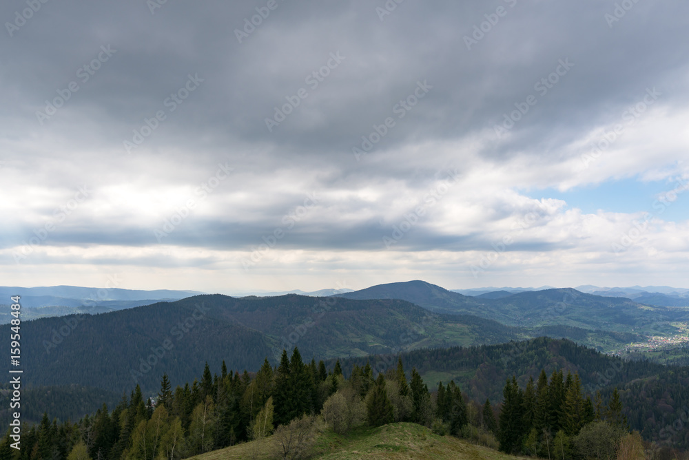 Carpathians, mountains from a height in the town of Slavsk