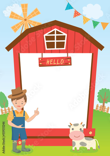 Cowboy and cow with barn template on farm