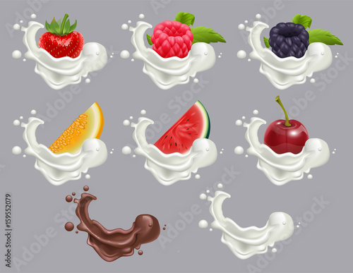 Set dessert of ripe berry fruit and cream. Strawberry, raspberry, cherry, watermelon, melon milk and chocolate