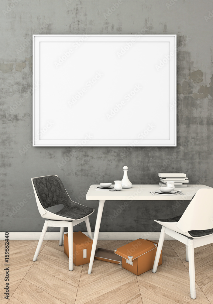 mock up of the poster in a frame on the wall with plaster in a modern interior. 3D visualization mock up of the poster in a frame on the wall with plaster in a modern interior. 3D visualization