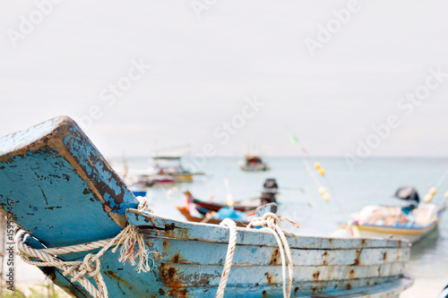 close up of wooden fisherman boat at sea