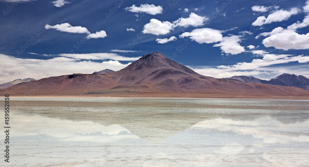 Volcano Licancabur behind Laguna Blanca at Siloli desert (Bolivia)