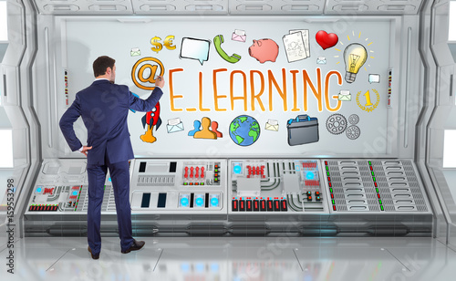 Businessman drawing e-learning sketch on a board 3D rendering