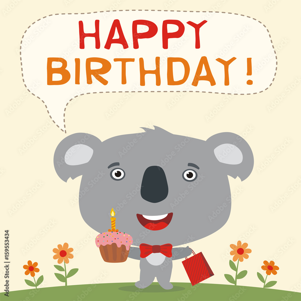 Happy birthday! Funny koala bear with birthday cake and gift. Birthday
