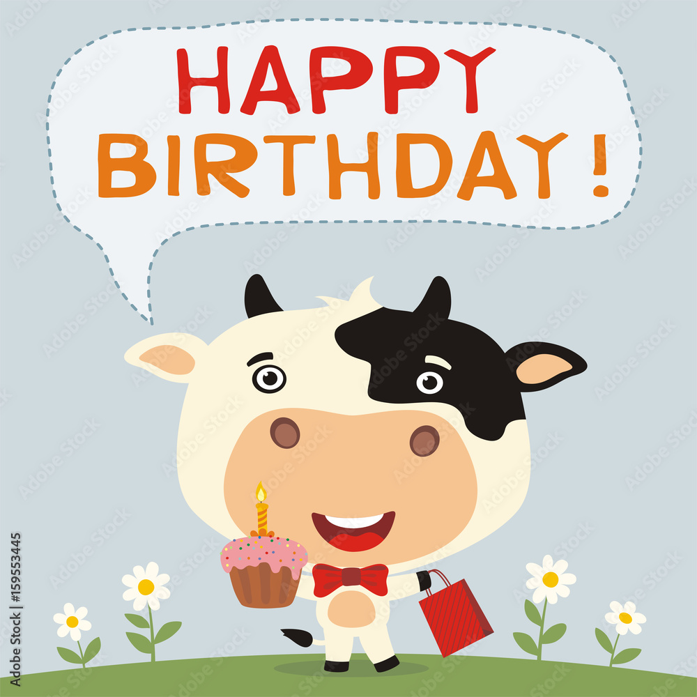 Happy birthday! Funny cow with birthday cake and gift. Birthday card with cow in cartoon style. Happy birthday! Funny cow with birthday cake and gift. Birthday card with cow in cartoon style.