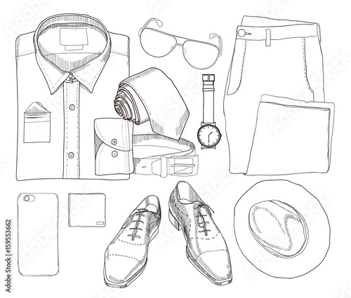 illustration of Hand drawn and doodle of top view, flat lay coordination folded shirt, tie, trousers, shoes, spectacles, phone, clock, hat, purse and belt. Mens set on white background. Template for