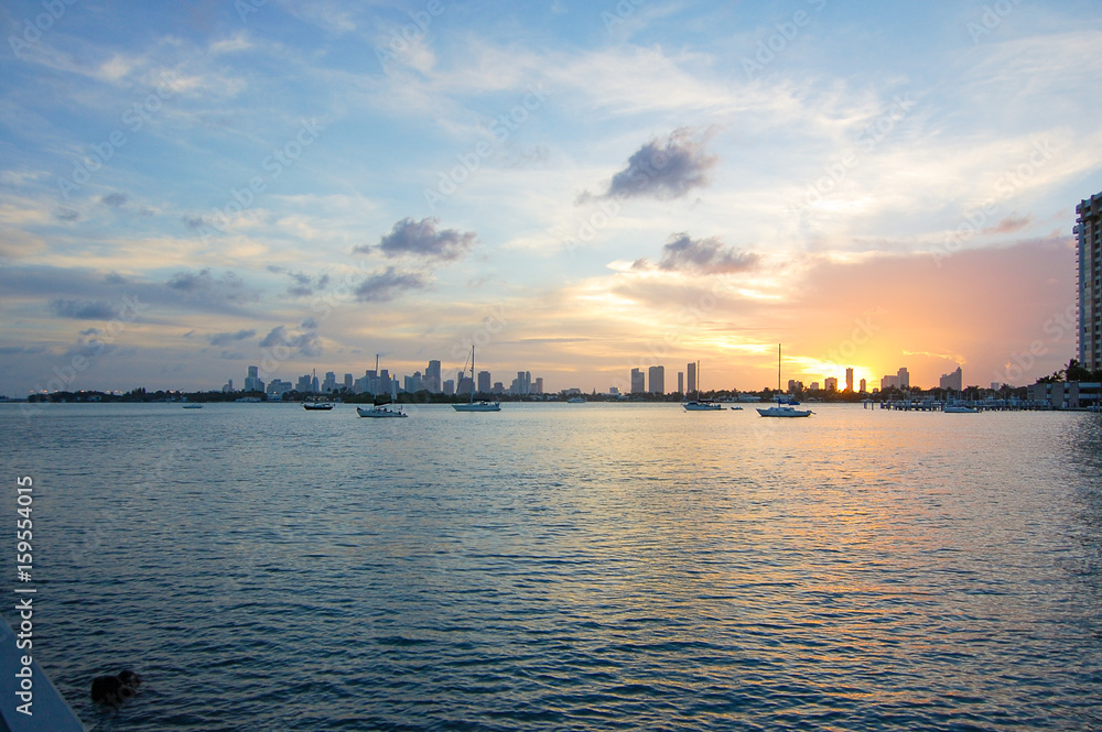 A beautiful sunset over Biscayne bay at south Beach in Miami