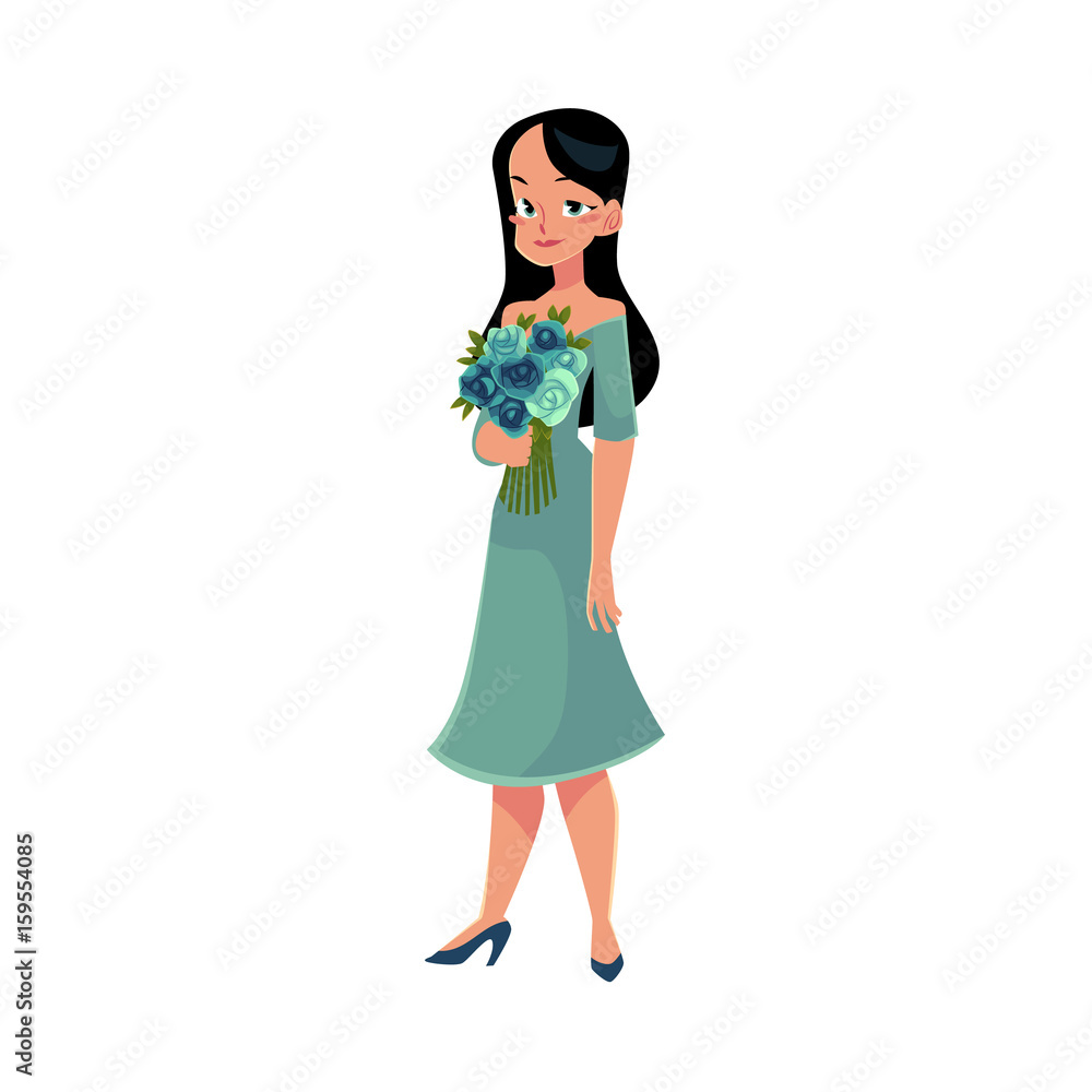 Beautiful woman, girl, bride with long black hair holding bunch of roses, cartoon vector illustration isolated on white background. Full length portrait of happy girl, woman with bunch of rose flowers Beautiful woman, girl, bride with long black hair holding bunch of roses, cartoon vector illustration isolated on white background. Full length portrait of happy girl, woman with bunch of rose flowers