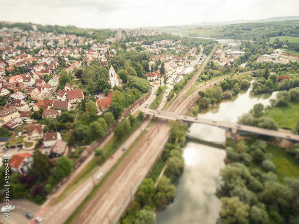 Bahnlinie und Neckar bei Plochingen, Luftaufnahme