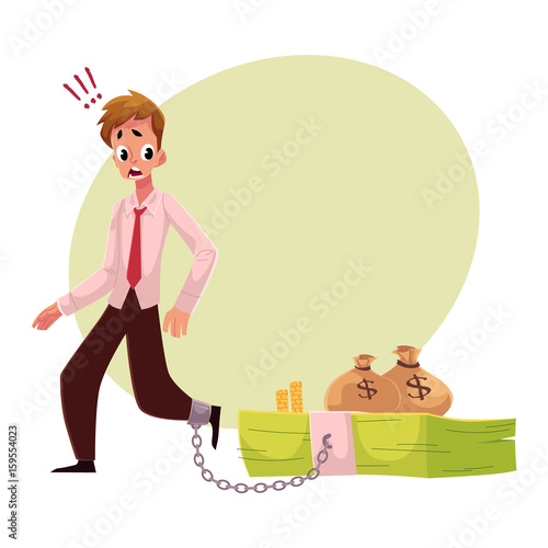 Young man with leg chained to bundle of banknotes, money dependence concept, cartoon vector illustration with space for text. Man with foot chained to bundle of money, financial dependence