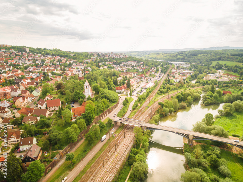 Bahnlinie und Neckar bei Plochingen, Luftaufnahme