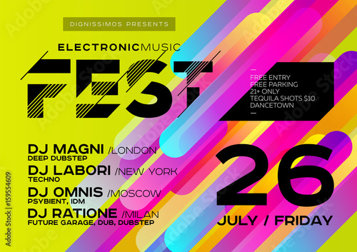 Bright DJ Poster for Open Air. Electronic Music Cover for Summer Fest or Club Party Flyer.
